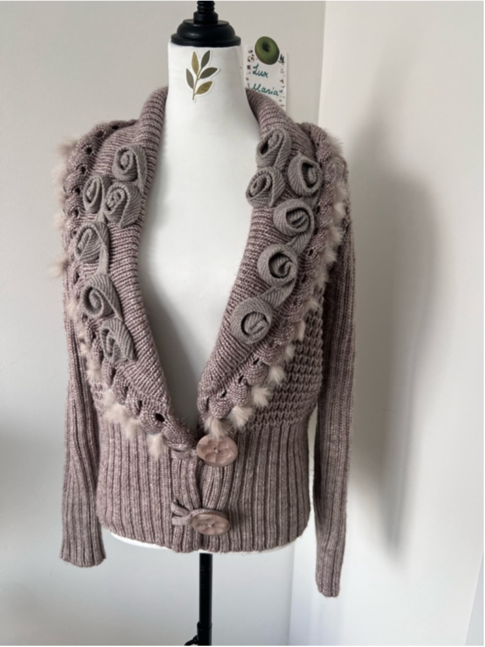 Women’s Taupe Knit Cardigan Sweater with Decorative Collar